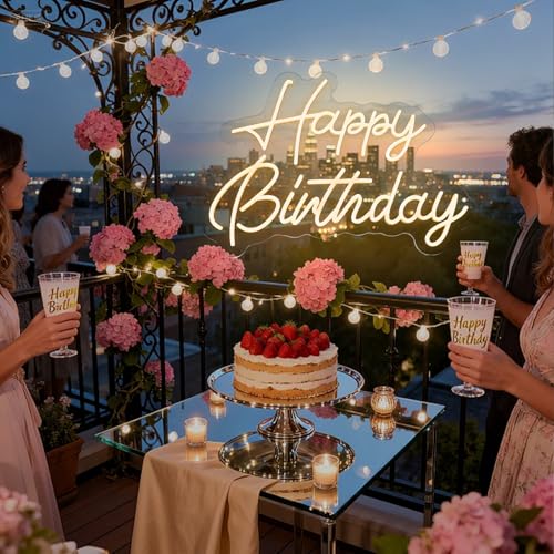 HMT Happy Birthday Neon Sign for Backdrop Wall Decor Large Size 22×16.9 Inch Happy Birthday LED Neon Lights for Birthday P...