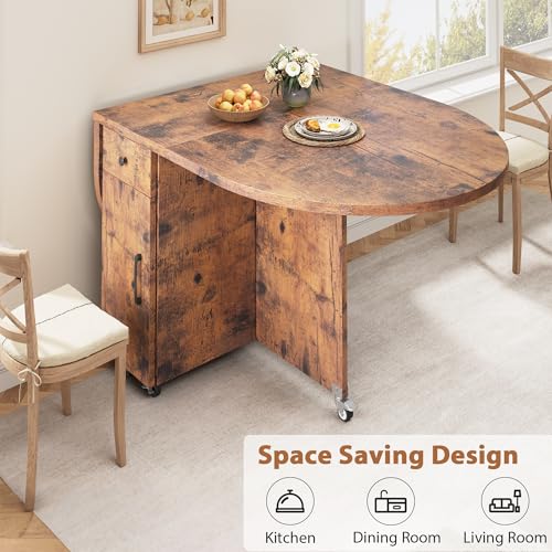 Jocoevol Folding Dining Table for 4 Kitchen Dining Room DinnerTable with Storage Drawer Space Saving Oval Foldable Drop Le...