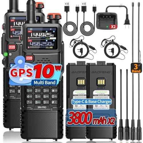 BAOFENG Ham Radio Handheld Long Range 5RH PRO GPS 10W Walkie Talkies NOAA Weather Receiver Two Way Radio Rechargeable 3800mAh Battery with USB-C Charger Tri Band Antenna for Hunting Gear,2 Pack