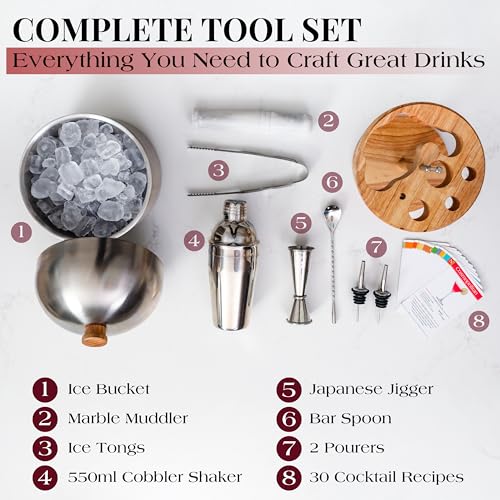 Gusto Nostro Cocktail Set Bartender Kit with Stainless Steel Ice Bucket - Complete Mixology Bar Tool Set with Wooden Organ...