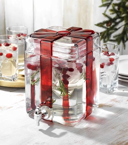 Gift Box Drink dispenser with Red Ribbon Design, Glass Beverage Dispenser For Christmas Party & decorations, Gift Ready Pa...