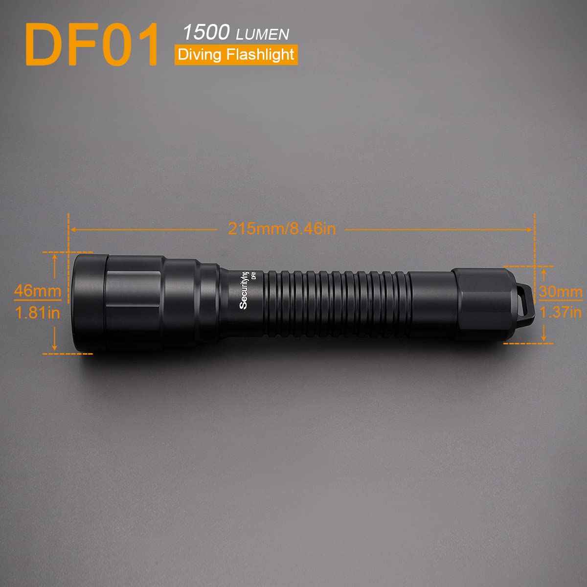 SecurityIng DF01 Scuba Diving Light, 1500 Lumens Mechanical Twist On/Off Underwater 150M Recreational Technical Diving Safety Flashlight, 9 Degrees Narrow Beam IP68 Waterproof Submarine Dive Torch