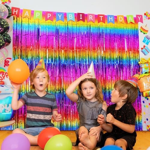 Sparkly Neon Rainbow Foil Fringe Curtain Backdrop Metallic Streamers Photo Booth Props for Birthday Bachelorette Gay Pride...