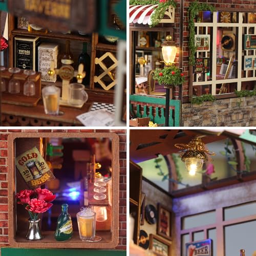 Splashora DIY Miniature Dollhouse Tavern Dollhouse Kit, Beer Bar with LED Lights, Retro Decor,Tiny House Building DIY Craf...