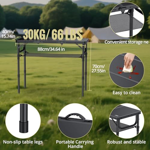 Anbte Folding Camping Table with Storage Net, 3ft Camping Table Aluminum Folding Table with 3 Adjustable Height Max 27.5 I...