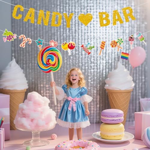 Candyland Party Decorations,2Pcs Pre-Strung Glitter Gold Candy Bar Banner,Lollipop Garland Banner for Sweet Candy Themed B...