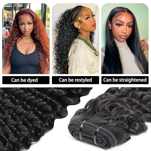 Deep Wave Bundles Human Hair 16 18 20 Inch Deep Curly Bundles 12A Grade 100% Unprocessed Brazilian Virgin Hair Wet and Wavy Bundles Double Weft Natural Black Color