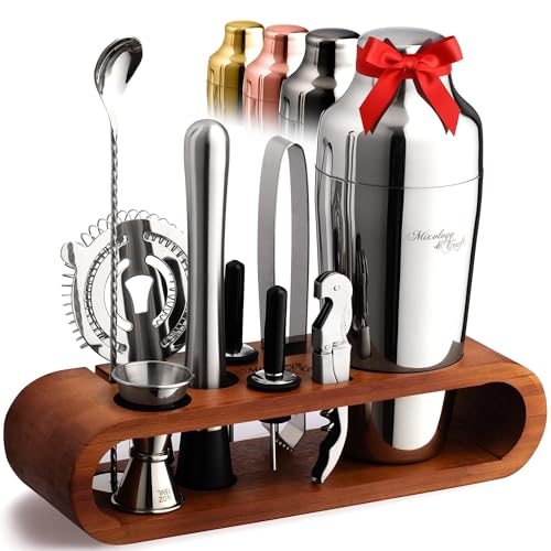 Mixology & Craft Cocktail Shaker Set with Dark Bamboo Stand - Professional 10-Piece Bartender Kit - Complete Bar Set & Coc...