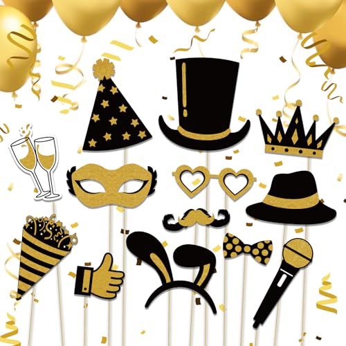 Photo Booth Props, Kaluofan 25PCS Black and Gold Party Decorations, Funny Photo Party Props Accessories for Adults and Kid...