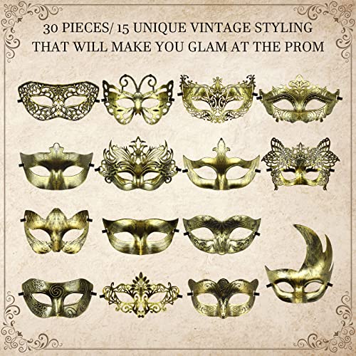Yunsailing 30 Pieces Masquerade Mask Antique Masks with Straps for Women Men Masquerade Ball Mardi Gras Carnival Party Fav...
