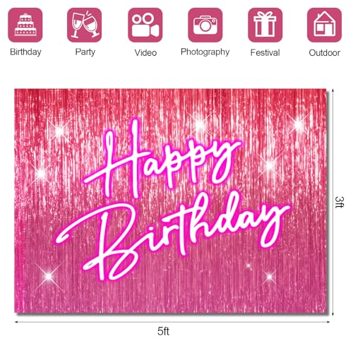 Gilprop 5x3 ft Shine Pink Happy Birthday Backdrop for Lady Girls Women Happy Birthday Banner Princess Theme Party Decorati...