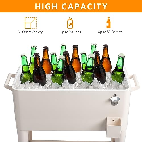 80 Quart Rolling Ice Chest,Portable Bar Drink Cooler,Camping BBQ Ice Chest Cart,Modern Beverage Cooler Cart,with Catch Bas...