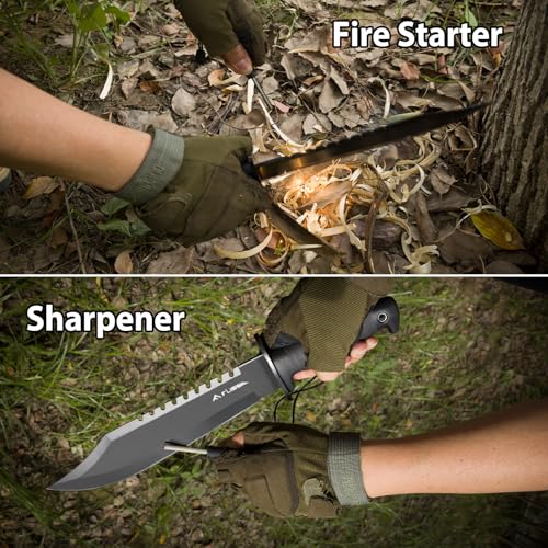 FLISSA Survival Hunting Knife with Sheath, 15-inch Full Tang Fixed Blade Tactical Bowie Knife with Sharpener & Fire Starte...