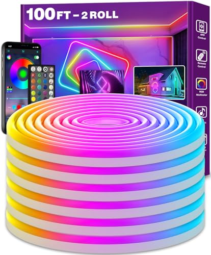 100Ft Neon Rope Lights,Flexible Led Rope Lights Control with App/Remote,Multiple Modes Rope Lights,IP65 Outdoor RGB Led Ne...