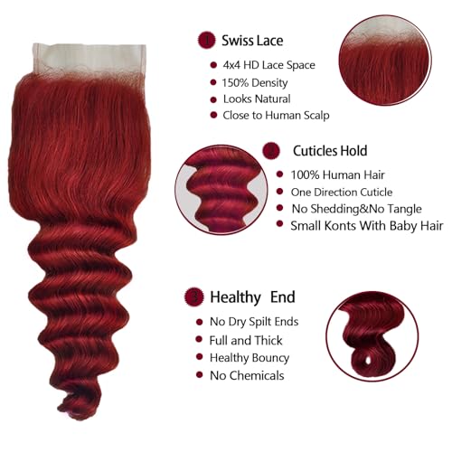 99j Burgundy Human Hair Bundles with Closure Loose Deep Wave 12 14 16+12inch 99j Burgundy Win Red Colored Human Hair with 4x4 HD Lace Closure,10A Brazilian Raw Quick Loose Wave Bundles
