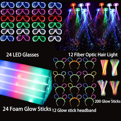 272 PCs Glow Party Supplies, 24 Foam Glow Sticks, 24 LED Glasses and 200 Glow Sticks ＆ Bracelets, 12 Glow sticks headband ...