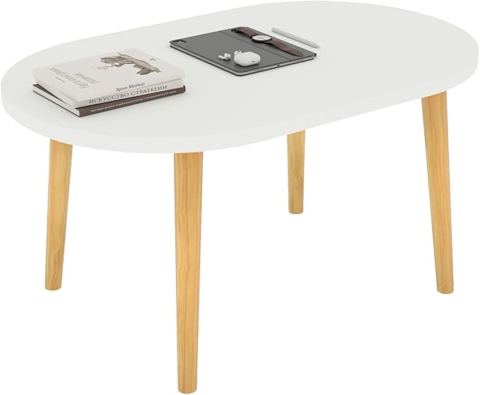 Funecy Coffee Table Low Table with Solid Wood Sturdy Legs, Floor Table Desk for Sitting on The Floor, Storage and Living Room Furniture (White-Oval)