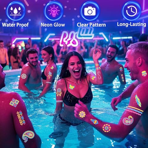 Glow in the Dark Tattoos 172 PCS – Glow in the Dark Party Supplies, Neon Body Paint Be UV Blacklight Reactive Face Tempora...
