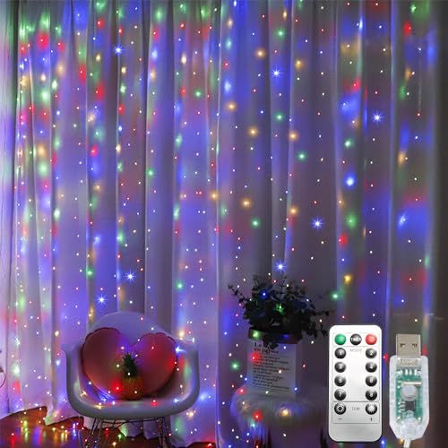 300 LED Curtain String Lights, Fairy Lights with 8 Light Modes, 9.8x9.8Ft Remote USB Plug Fairy String Lights for Christma...