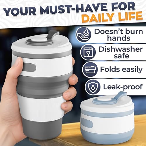 2-Pack Сollapsible Cups for Traveling Reusable – 12oz Leakproof Coffee Travel Mug, Silicone, Foldable & Portable for Hikin...