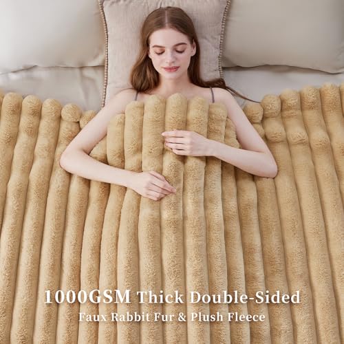 HaloRest Faux Fur Throw Blanket, Thick 1000GSM Fluffy Cozy Throw Blankets for Bed, Luxury Plush Striped Warm Soft Blanket ...