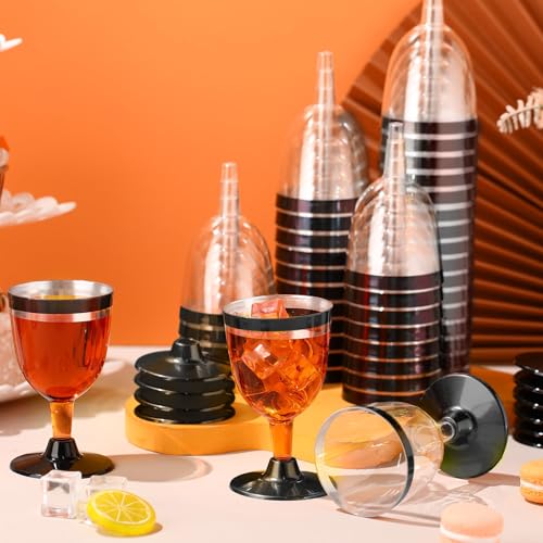 Jingmore 100 Pcs Plastic Wine Glasses Disposable 6 oz Rimmed Wine Cups with Stem Clear Toasting Glasses for Cocktail Champ...