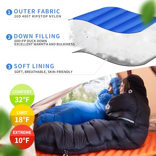 QEZER Down Sleeping Bag for Adults, 600 Fill Power, Ultralight & Compact with Compression Sack for Backpacking, Camping, H...