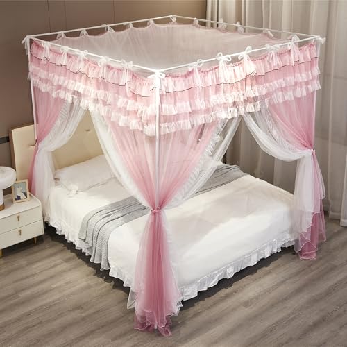 NXGIO Bed Canopy Curtain Double Layer 4 Corners Post Lace Up Ruffle Princess Drape Netting 4 Opening Mosquito Net for Girl...