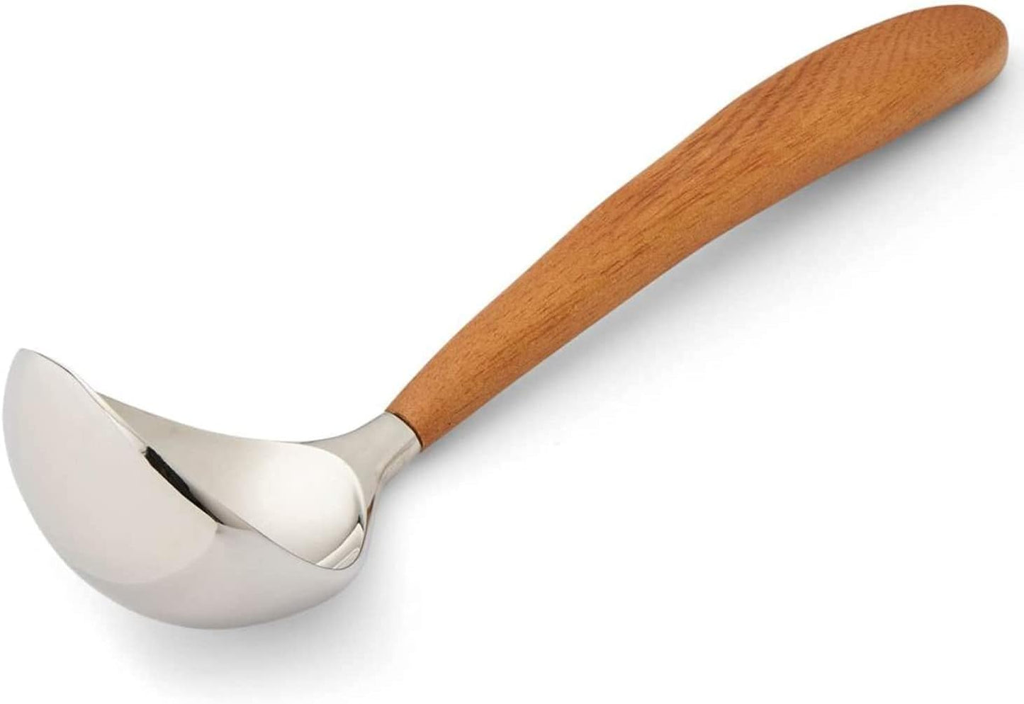 nambe Curvo Kitchen Ladle | 12.5 Inch Ladle for Serving Soups, Stews, and Sauces | Made of Stainless Steel and Acacia Wood | Designed by Steve Cozzolino