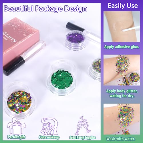 Allstarry Mardi Gras Face Glitter, 4 Colors Chunky Body Glitters Purple Green Gold Face Glitter Eyeshadow Makeup Hair and ...