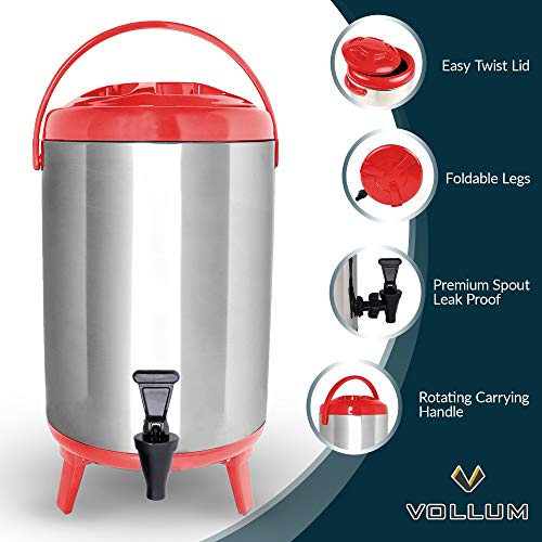 Vollum Stainless Steel Insulated Beverage Dispenser – Insulated Thermal Hot and Cold Coffee Carafe – 10 Liter Drink Dispen...