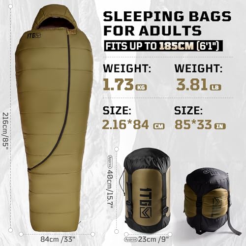 Sleeping Bag for Adults, 25-36℉Cold Weather Mummy Sleeping Bag, Lightweight 3–4 Season Winter Sleeping Bag with Adjustable...