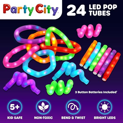Party City 24pk LED Light Up Pop Tubes 25”- 3 Mode Stretchy Tubes LED Light Up Toys Bulk Glow Sticks Party Favors for Kids...