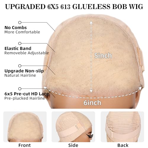 Bob Wig Human Hair Blonde 613 Wigs Human Hair Wear and Go 6x5 Glueless Wigs Pre Cut 210% Density 613 Lace Front Wig Human Hair 613 Closure Bob Wig Real Pre Bleached Tiny Knots£¨10inch,613 Glueless Bob£©