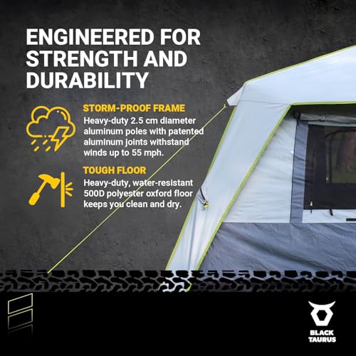 Black Taurus Turbo Heavy-Duty Camping Tent – Quick-Setup 4-Season Family Tent with Waterproof 150D Shell & Instant Frame –...