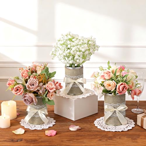 Teecyhooo 6 Pcs Valentines Day Centerpieces Metal Vases Table Decor with Bow Farmhouse Metal Flower Vase 4.7 x 3 Inch Vale...