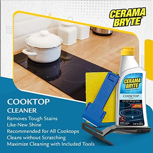 Cerama Bryte Glass Cooktop and Stove Top Cleaner Combo Kit - Includes Cleaning Tool, Razor, Scraper and 1 Pad to Remove To...