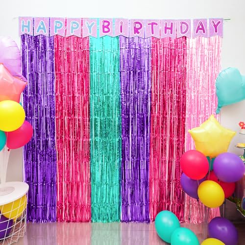 Cute Dollhouse Birthday Decorations, 4 Pack Dollhouse Party Photo Booth Prop, Purple Pink Teal Fringe Curtains Tinsel Phot...