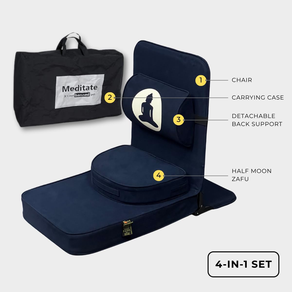 Friends Of Meditation Relaxing Buddha Meditation Chair | Detachable Rectangular Back Support & Zafu Cushion | Portable Folding Chair | with Back Support | Yoga Chairs for Adults | Navy Blue