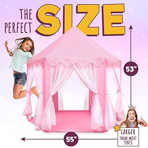 ORIAN Princess Castle Play Tent for Girls, LED Star Lights, Indoor & Outdoor Playhouse, Polyester, Pink, 55" x 53", Toddle...