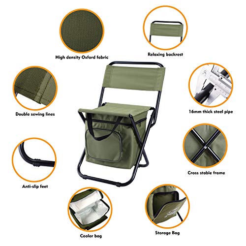 LEADALLWAY Fishing Chair with Cooler Bag Compact Fishing Stool Foldable Camping Chair
