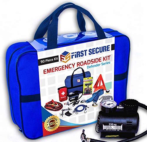 Car Emergency Kit with Air Compressor, Jumper Cables, First Aid, Tow Strap, Tire Gauge, Headlamp – Roadside Safety Kit for...