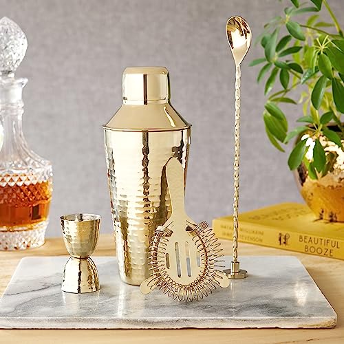 Twine 4-Piece Gold Hammered Cocktail Shaker Set Includes Cobbler Shaker, Strainer, Jigger, Bar Spoon for Classic Cocktail...