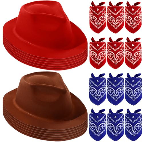 Haysandy 24 Pieces Western Cowboy Hat Set, Felt Cowboy Themed Party Hats with Paisley Bandanas for Kids Costume Party (Re...