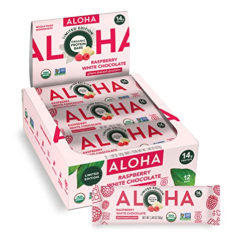 ALOHA Organic Plant Based Protein Bars | Raspberry White Chocolate | 12 Count, 1.98oz Bars | Vegan, Low Sugar, Gluten Fre...