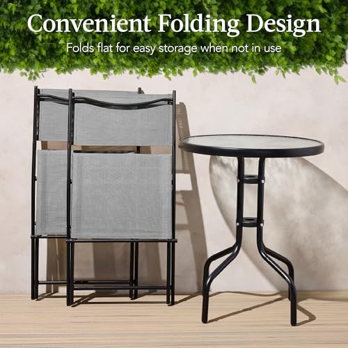 Best Choice Products 3-Piece Patio Bistro Dining Furniture Set w/Glass Tabletop, 2 Folding Chairs, Steel Frame, Polyester ...