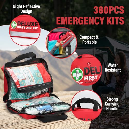 SuccorWare 380 Pieces Deluxe First Aid Kit Compact Trauma Medical Kits with Assorted Bandages, Instant Cold Pack, Emergenc...