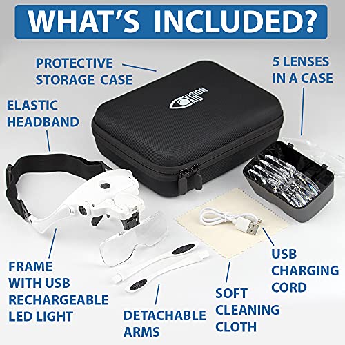 Vision Aid Magnifying Glasses with LED Light, 5 Lenses, Headband, Storage Case | Hands Free Lighted Head Mount Magnifier f...