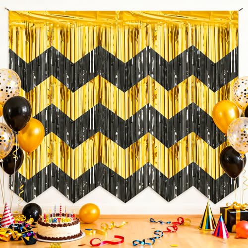 LERCTH Black Gold Chevron Fringe Curtain Backdrop (Pack of 6) | 78.74in x 19.69in Wave Fringe Curtains for Party Decoratio...