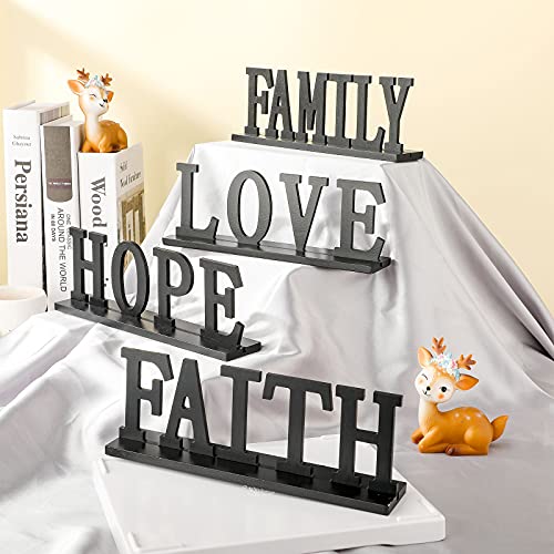 4 Pieces Love Faith Hope Family Wood Word Sign Black Wooden Cutout Letter Table Decor Rustic Letter Tabletop Decoration Fr...